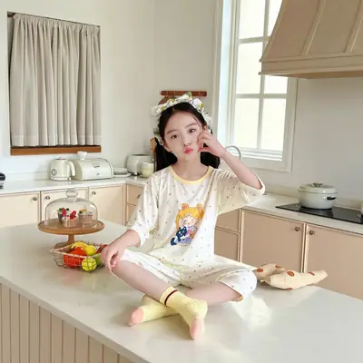 Children's Summer Thin Pajamas Yassel Baby Air-conditioning Clothes Girls Seven-point Sleeve Lace Girls' Home Clothes suit
