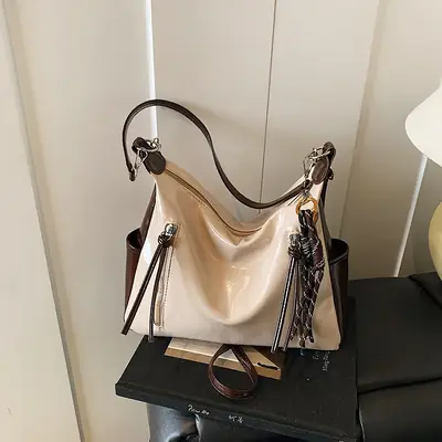 Retro Tote Bag Beige Brown Tassel Decor