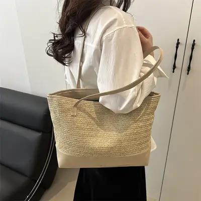Women's Straw Shoulder Bag Large Capacity Beige