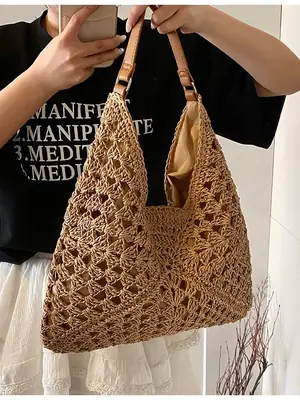 Women Crossbody Straw Bag Large Capacity Brown