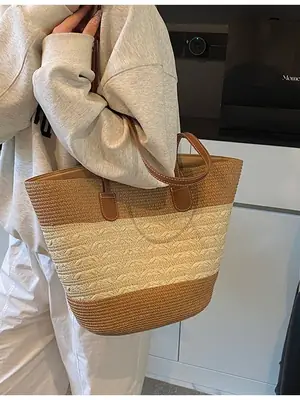 Straw Large Capacity Women's Handbag Multi-compartment Zipper Bag