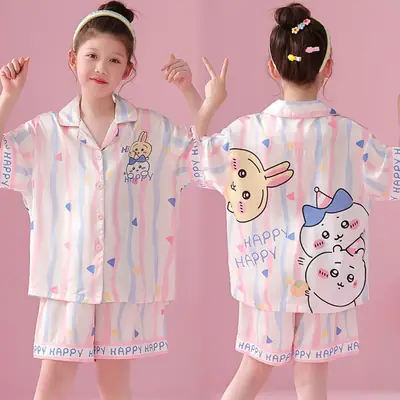 2025 Girls Summer Ice Silk Pajamas Medium to XL