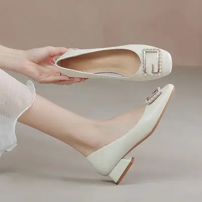 Black Square Toe Women's Flat Heel Shoes
