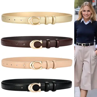 Women's Gold Leather Belt 104cm Thin Decorative