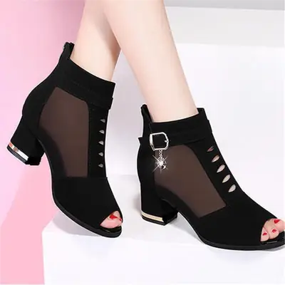 Black Mesh Fish Mouth Heel Sandals for Women