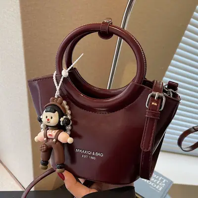 Women's Maroon Leather Shoulder Bag with Cute Charm