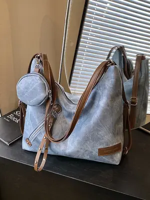 Luxury Blue Shoulder Tote Bag with Leather Strap & Pouch