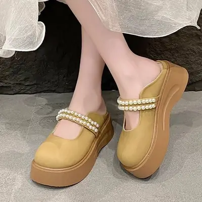 Women French Toe Cap Half Slippers Pearl Green Thick Soled