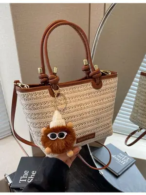 Women's Crossbody Tote Bag Woven Straw Brown 2025 Spring