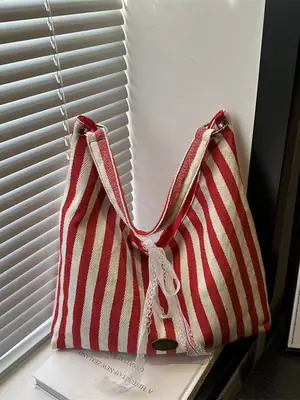 Striped Canvas Tote Bag Red White Double Sided 2024