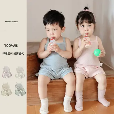 Baby Pajamas Summer Pure Cotton Type a Kidsren's Home Clothes Korean Pure Cotton Baby Sling Set Thin Girls Sleeping