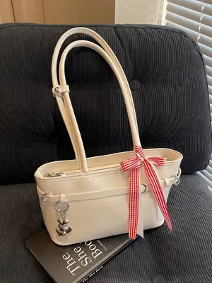 Women's Beige One-shoulder Handbag with Ribbon