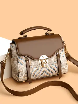 Retro Brown Embroidered Shoulder Bag for Women