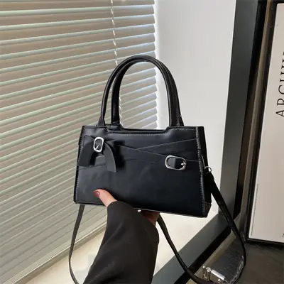 Black Textured Bow Shoulder Bag for Women 2025