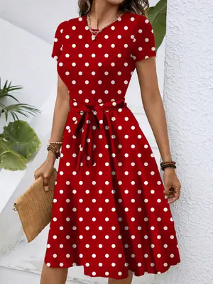 Red Polka Dot Waist Full Body Dress for Women