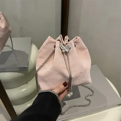 Pink Chain Drawstring Shoulder Bag for Women