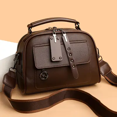 Brown Leather Shoulder Bag for Women with Double Layer Design