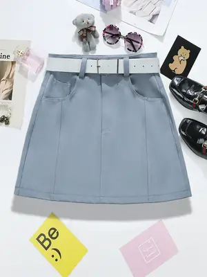 Women's Light Blue High Waist Belted Skirt 2025