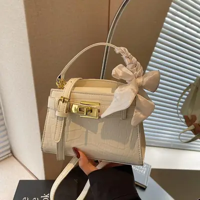 Women Croc Leather Handbag with Bow 2025