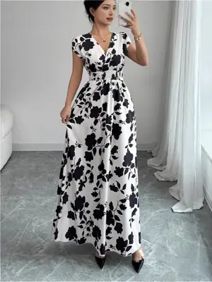 Short-sleeved Lace-up dress Amazon New Printed V-neck Long Dress Cross-border Summer Waist Women's Wear