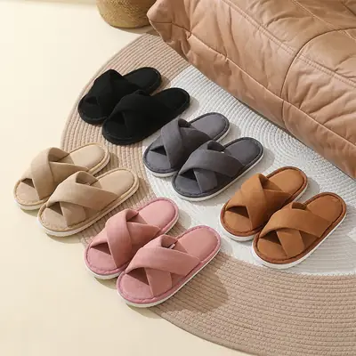 Men's Pink Suede Cross Strap Slippers Indoor