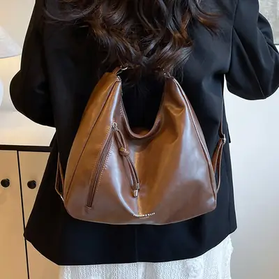 Women Brown Leather Shoulder Bag Large Capacity Retro Casual