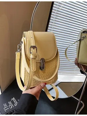 Women Crossbody Phone Bag with Adjustable Strap, Beige Leather & Mesh Design