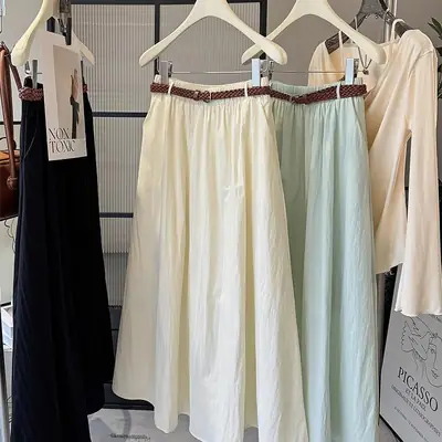 Pure Color Belted Skirt Women Large Swing