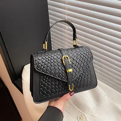 Black Embossed Woven Shoulder Bag for Women 2025