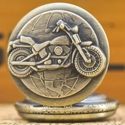Retro Motorcycle Pocket Watch with Chain & Gold Finish