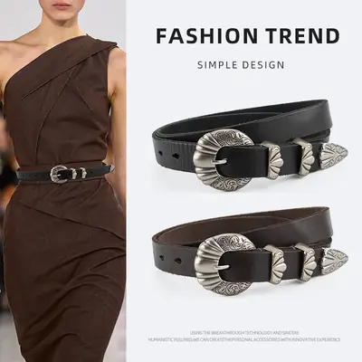 Black Cross-Buckle Belt for Women European Carved Buckle