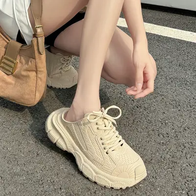 Women Beige Lace Up Sneakers Summer