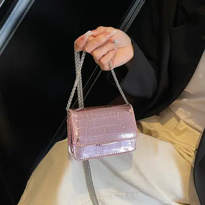Pink Croc Patch Shiny Shoulder Bag for Women