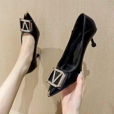 2026 French Style Black Square Buckle Heels