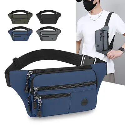 Men's Multi-Layer Waist Bag Blue Pu Leather