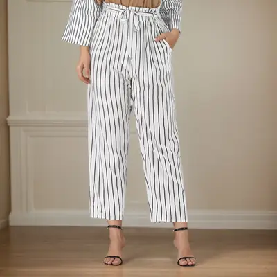 Women Cool Striped Pants Belted Loose Casual Spring Summer