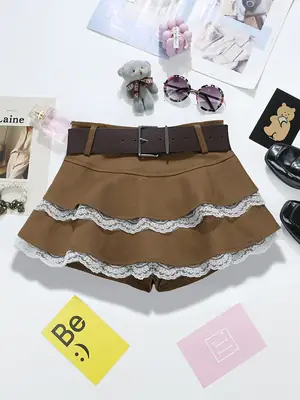 Brown Ruffled Skirt with Belt for Girls
