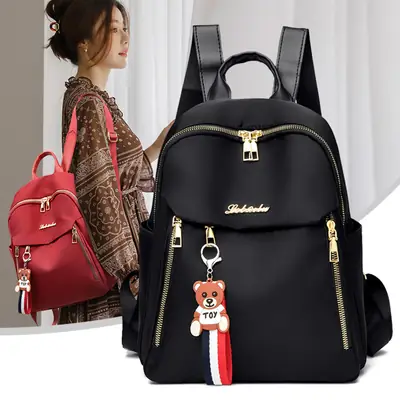 Black Oxford Cloth Women's Backpack with Teddy Bear Zipper