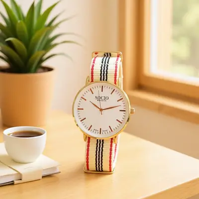 Men's Quartz Watch with Striped Strap & Women's Leather Strap