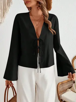 White Lace-Up Long Sleeve Top Set for Women