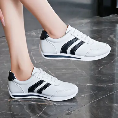 Women's White Lace-up Casual Sneakers with Soft Sole