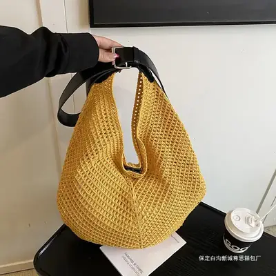 Women's Yellow Waffle Knit Shoulder Bag Travel Casual