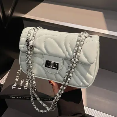 Light Green Embroidery Crossbody Bag with Silver Chain