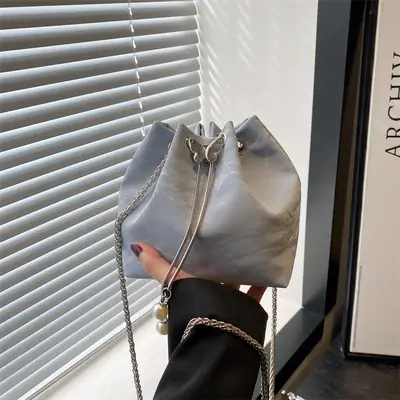 Silver Metal Satchel Bucket Bag for Women