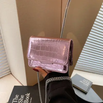 Pink Croc Leather Chain Shoulder Bag for Women