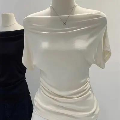 Super Touch Modal Cotton ~ One-Shoulder Collar Short-Sleeved T-Shirt for Women, Summer Design, Slim Off-Shoulder Slanted Shoulder Top, Trendy