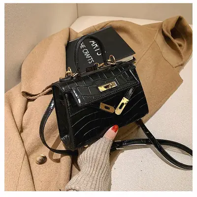 Black Croc Leather Crossbody Bag for Women