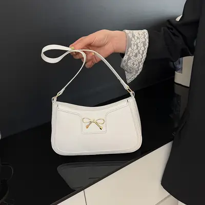 White Bow Shoulder Bag for Women Luxury Leather Commuter