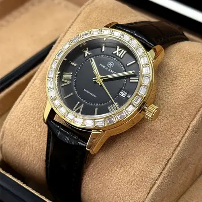 Women's Black Calendar Watch with Gold Plated Dial