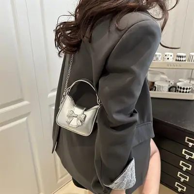 Silver Bowknot Chain Shoulder Crossbody Bag for Girls